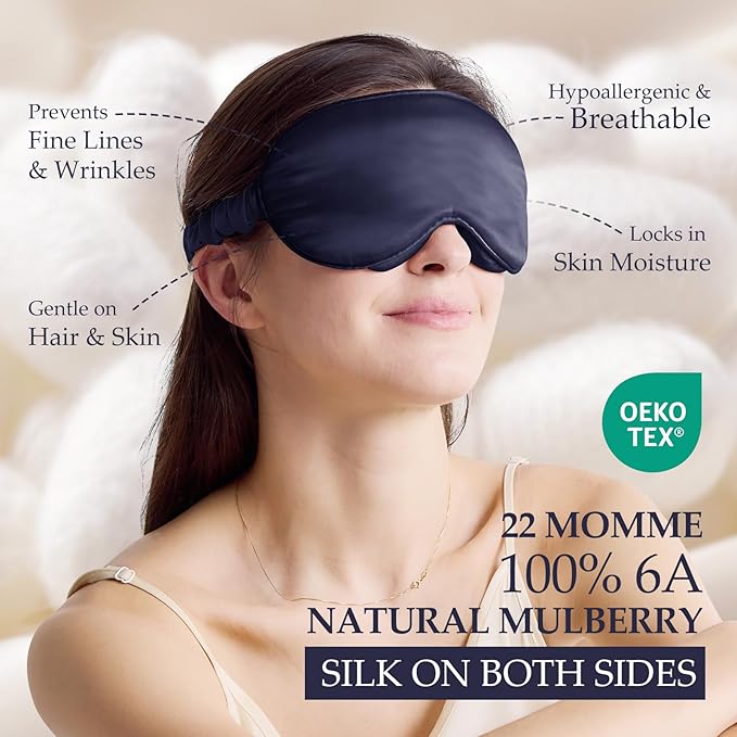 100% 22 Momme Mulberry Silk Sleep Mask with Adjustable Strap, 3D Contoured Cup Silk Eye Mask for Sleeping, Total Black Out, Navy Bule