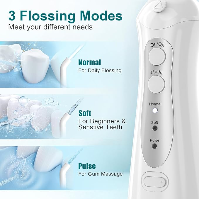 Nicefeel Water Dental Flosser Teeth Pick - Fast Charge Cordless Teeth Cleaner, 3 Modes Portable Oral Irrigator, IPX7 Waterproof Electric Water Dental Flosser for Tonsil Stone, 300ML Tank