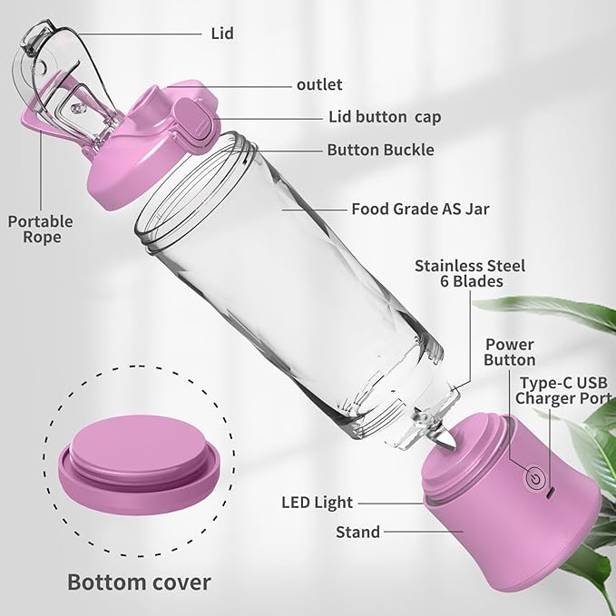 DENOKIN Portable Blender,Personal Size Blender for Shakes and Smoothies (Purpleish Pink, 20oz)