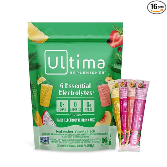 Ultima Replenisher TeaFresher Daily Electrolytes Powder and Instant Tea Mix – Sugar Free – Variety Pack, 16 Stickpacks - Hydration Packets with 4 Fruit and Tea Fusions, 6 Key Electrolytes