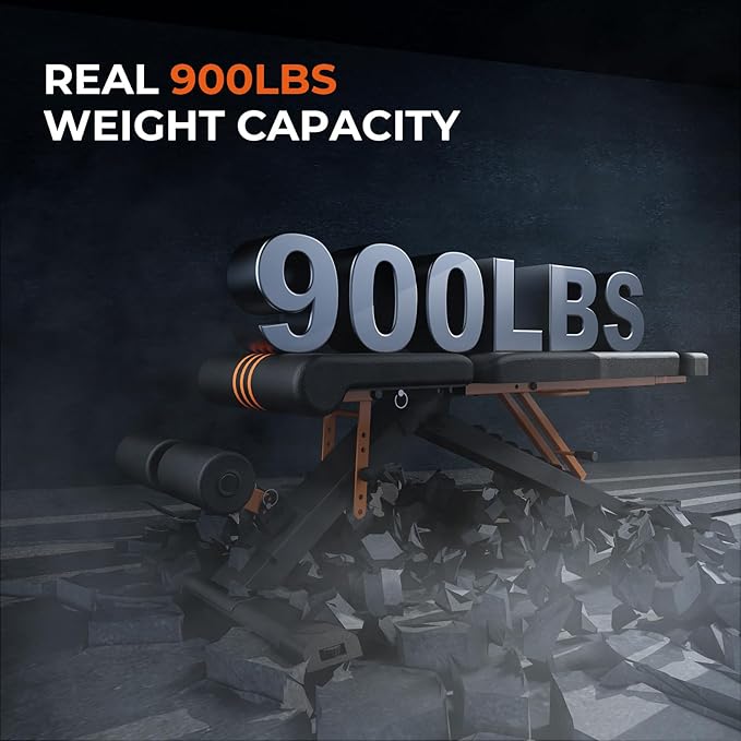 900LBS Adjustable Weight Bench - Foldable Workout Bench Press with 33.5" Extended Backrest for Home Gym Strength Training,Folding Flat Incline Bench with 80x40MM Steel for Full Body Exercise