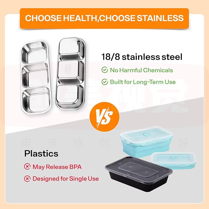 Stainless Steel Snack Containers, Reusable Snack Containers with Lids Stainless Steel Lunch Box with 3 Compartment Divided Food Storage for Home Work Travel Outdoor Camping (Orange 3 Pack)