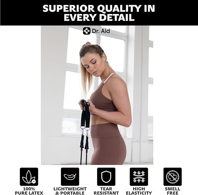 Dr. Aid Resistance Bands Set – 5 Stackable Workout Bands with Handles, Pure Latex, High Elasticity & Tear Resistant – Smell-Free Full-Body Exercise Bands for Rehab, Basic Training & Strength Workouts