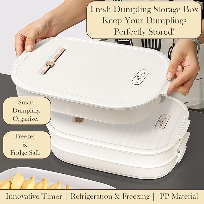 4-Layer Dumpling Storage Container – Freezer Organizer with Smart Timer, Good Sealing, Stackable Food Containers, Anti-Stick Base & Clip Lid (White Lid & Transparent Box)