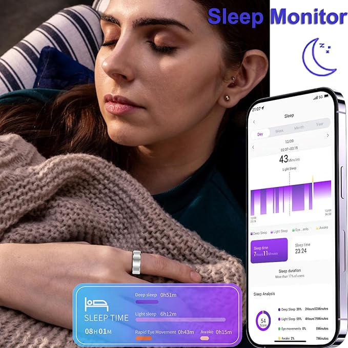 Smart Ring Heart Rate Monitor Blood Pressure Ring Sleep Tracker Health Ring Pedometer Step Counter Calories Waterproof Fitness Rings for Women Men