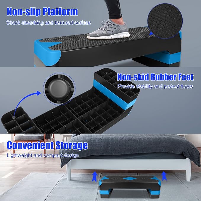 Adjustable Workout Aerobic Stepper in Fitness & Exercise Step Platform Trainer 3 settings adjustable height 4”-6”-8”