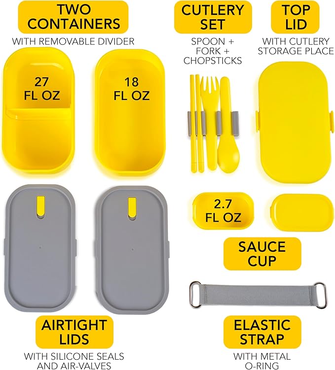 Insulated Stackable Bento Box for Adults with Reusable Chopsticks Japanese Lunch Box Microwavable & Leak Proof Lunch Containers for Men & Women Modern Cute Food Container with Compartments (Yellow)