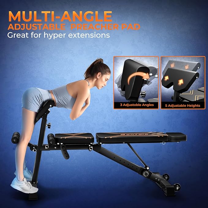 900LBS Adjustable Weight Bench, Multi-Functional Workout Bench Press with Preacher Curl Pad for Home Gym Exercise, Roman Chair Ab for Hyper Back Extension, Flat Incline Decline Bench for Full Body