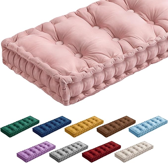 Bench Cushions for Indoor Furniture 42x16 in Velvet Kitchen Dining Piano Window Seat Cushion, Tufted Patio Porch Swing Thicken Bench Pad Memory Foam(Pink)