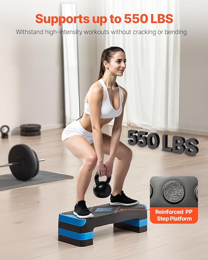 VEVOR Aerobic Exercise Step Platform, 28-Inch Workout Aerobic Stepper, Height Adjustable Fitness Training Step Deck Trainer with 4 Risers, Non-Slip Surface Bench for Home Gym Cardio Strength
