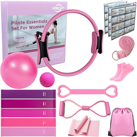 KABCON Pilates Equipment Essentials Set for Women at Home with Complete User Guide,13” Pilates Ring,9.8” Exercise Ball,Resistance Bands,Yoga Socks,Yoga Strap,13/14/16-Pcs Starter Workout Set