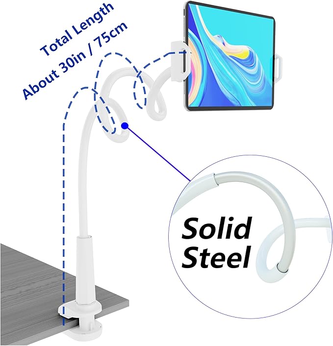 Tablet Stand Holder, Mount Holder Clip with Grip Flexible Long Arm Gooseneck Compatible with ipad iPhone/Nintendo Switch/Samsung Galaxy Tabs/Amazon Kindle Fire HD (New White)