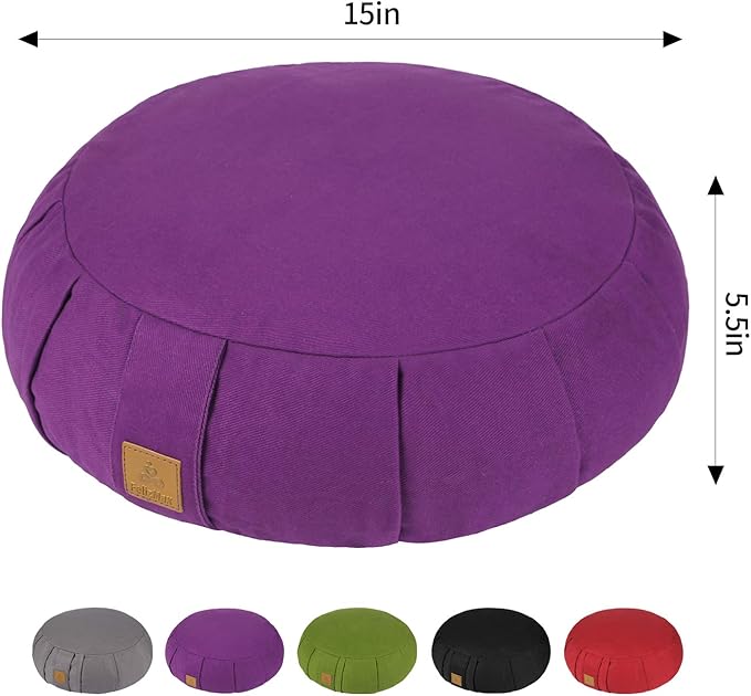 Round Zafu Meditation Cushion, D=15" H=5.5" Zabuton Meditation Pillow, Yoga Bolster/Pillow, Floor seat, Zippered Organic Cotton Cover, Natural Buckwheat, Kneeling Pillow