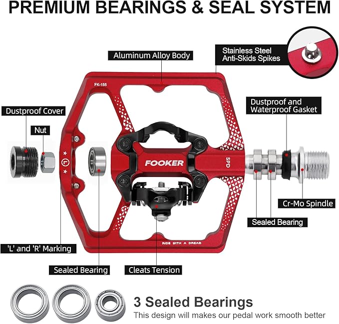 FOOKER MTB Mountain Bike Pedals, Dual Function Flat and Pedal,3 Sealed Bearing Flat Platform Compatible with Clipless Pedal Aluminum 9/16" Pedals with Cleats for Road Mountain BMX MTB