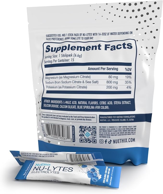 NuEthix Formulations NU-LYTES Electrolytes Hydration Packets, Zero Calories, Zero Sugar, Zero Carbs, Non-GMO, Electrolytes Powder Packets, Glycogen Replenishment, 15 Servings (Blue Raspberry)