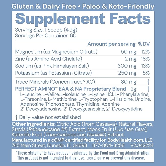 BodyHealth PerfectAmino Electrolytes Powder No Sugar, Hydration Fasting Keto Zero Sugar Electrolytes Drink Mix with Trace Minerals - Passion Fruit - 60 Servings