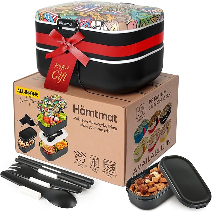 Insulated Stackable Bento Box for Adults with Reusable Chopsticks Japanese Lunch Box Microwavable & Leak Proof Lunch Containers for Men & Women Modern Cute Food Container with Compartments (Black)