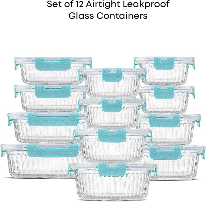 JoyJolt 24pc Borosilicate Glass Storage Containers with Lids | 12 Airtight/Freezer Safe Food Storage Containers for Pantry and Kitchen | Meal Prep Container for Lunch | Glass Tupperware Set