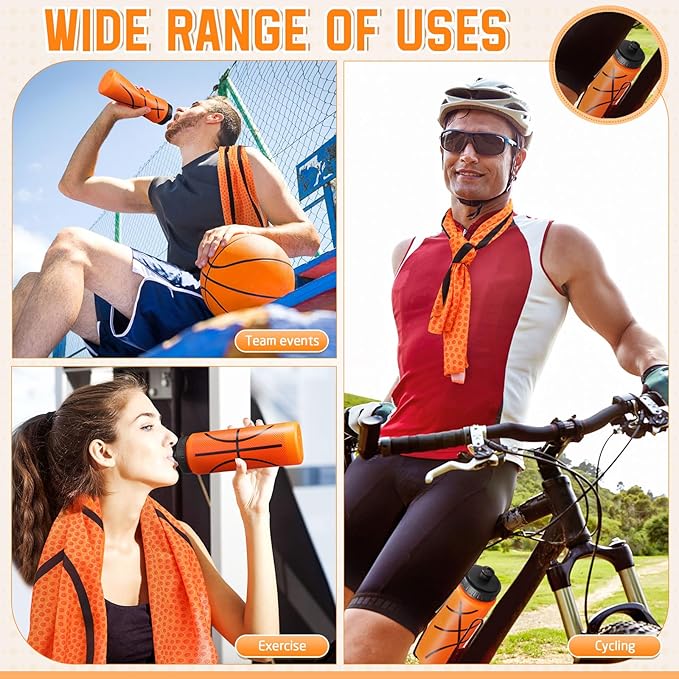 24 Pcs Basketball Water Bottle Basketball Cooling Towel Set with 50 Sticker Sports Party Favors Include 6 Reusable Sports Squeeze Water Bottle 6 Ice Towel Breathable Fast Drying for Team Gifts
