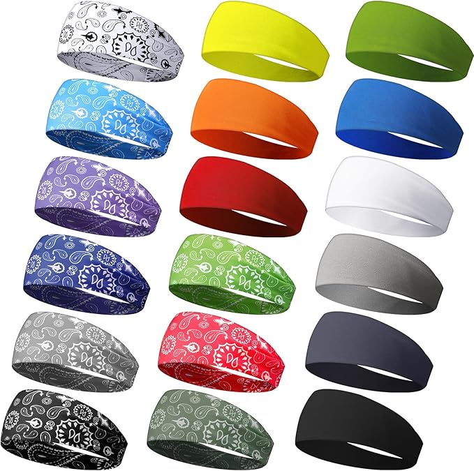 18 Pcs Sports Sweatbands for Men Women Camo Headbands Workout Non Slip Headbands Breathable Head Band Fitness Stretchy Unisex Hairband for Yoga Running Cycling Ball