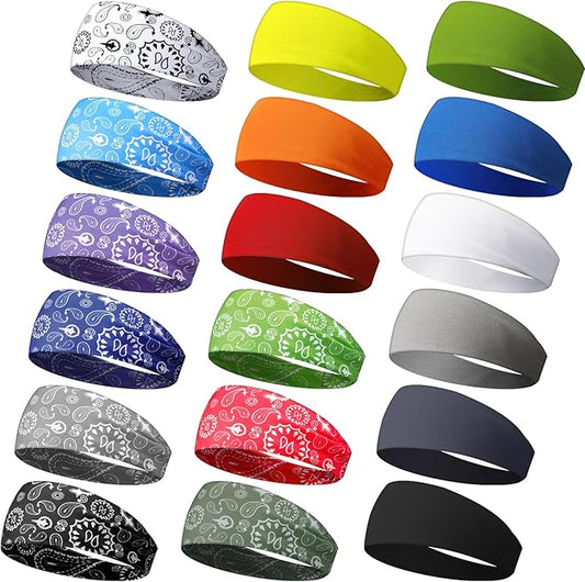 18 Pcs Sports Sweatbands for Men Women Camo Headbands Workout Non Slip Headbands Breathable Head Band Fitness Stretchy Unisex Hairband for Yoga Running Cycling Ball