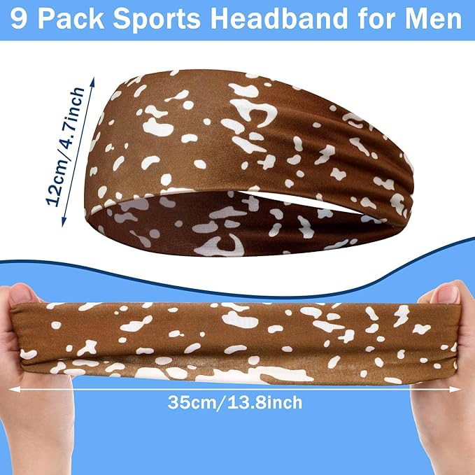 9 pcs Sweatbands for Men Workout Sport Headbands for Men Camo Headband Sweat Absorbing Headband Wide Sweatband for Head Basketball Football Cycling Running Yoga, 4.7 x 9.8 Inch