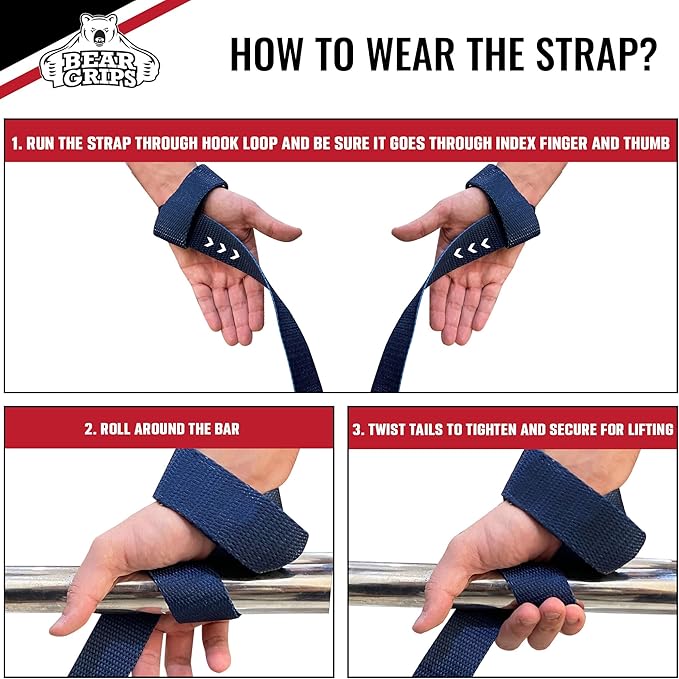 Bear Grips Lifting Straps - Gym & Weightlifting Straps for Men & Women, Deadlift Support, 2 Pairs