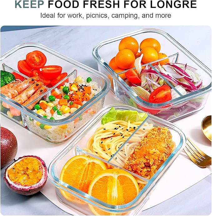 KOMUEE Glass Meal Prep Containers 3 Compartments, 5 Pack 36 oz, Glass Food Storage Containers with Lids, Airtight Lunch Bento Box, Portion Control, Freezer and Microwave Safe