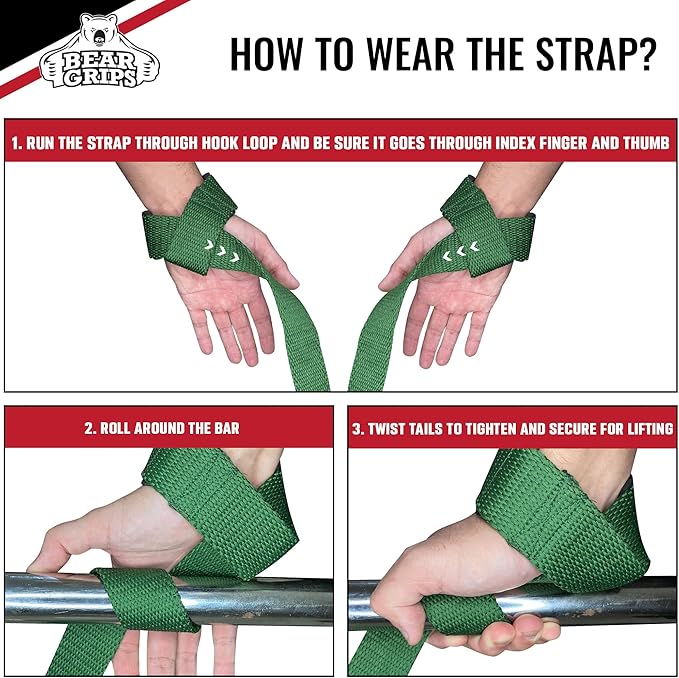 Bear Grips Lifting Straps - Gym & Weightlifting Straps for Men & Women, Deadlift Support, 2 Pairs