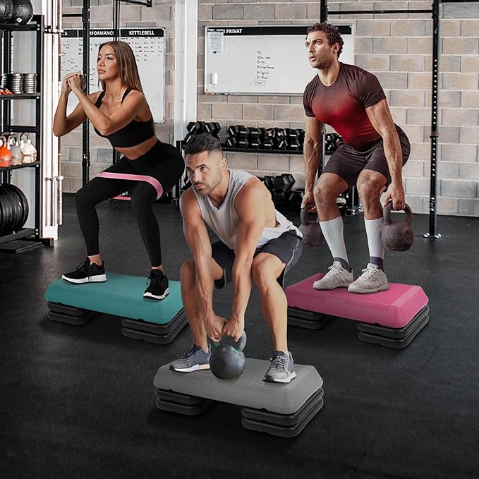 Fitvids Step Aerobic Platform, Exercise Step with 5 levels Adjustable Height, 4 Stackable Risers, Fitness Training Workout Stepper for Home Gym, Cardio Strength, Multiple Options