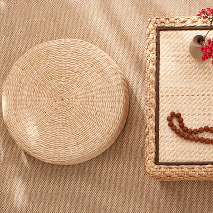 Comfortable Round Seat Cushion Woven Floor Cushion, Natural Straw Pouf Tatami Floor Poufs Meditation Cushion 40cm