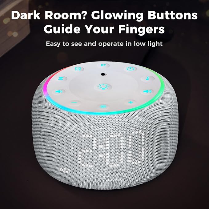 White Noise Machine Alarm Clock: Auto-Dimmable Clock for Bedrooms - 5W Stereo Bluetooth Speaker - Sound Machine with 24 Sleep Sounds for Adults Kids