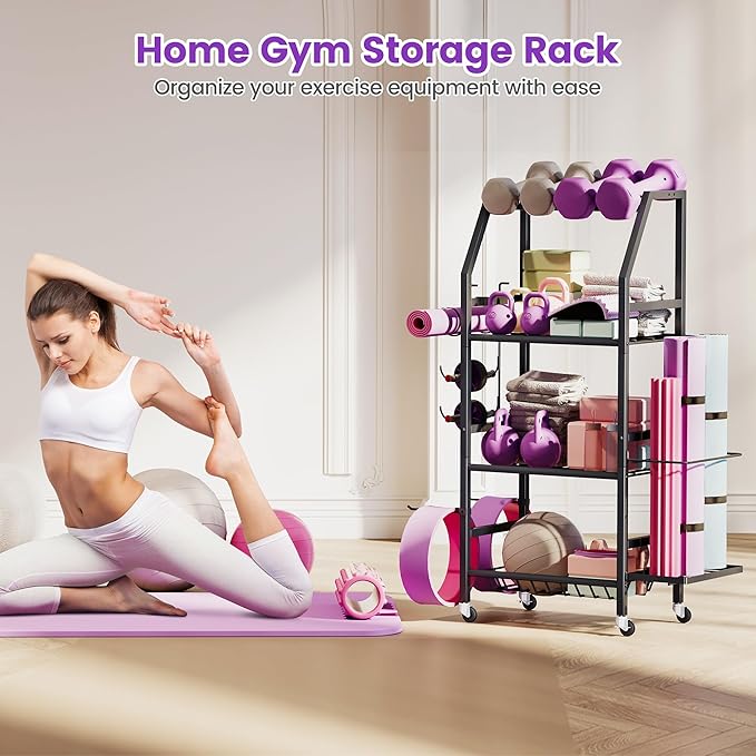 Homeiju Dumbbell Rack, Weight Rack for Home Gym, Yoga Mat Storage Holder with Lockable Wheels, Dumbbell Stand with Hooks, All in One Work out Equipment Storage for Yoga Mat Dumbbell and Balls
