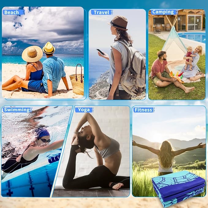 2 Pack Microfiber Thin Lightweight Beach Towel Oversized 71x32 Extra Large Sand Free Towels for Travel Swim Pool Yoga Gym Camping for Adults Women Men Beach Essentials Accessories Vacation Gift