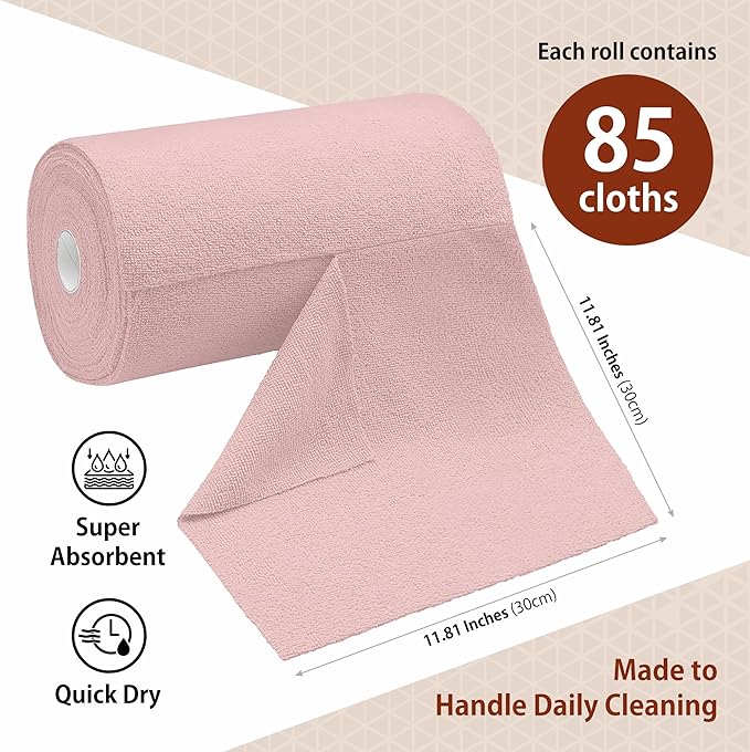 H4N Microfiber Cleaning Cloth Roll, 85 Pack Micro Fiber Cloth for Cleaning, Tear Away Towels, Ultra Absorbent, Non-Abrasive, Reusable and Washable Cleaning Supplies, 11.81" x 11.81", Pink