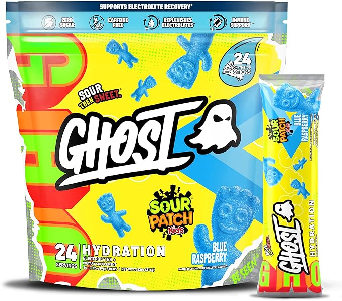 GHOST Hydration Packets, Sour Patch Kids Blue Raspberry, 24 Sticks, Electrolyte Powder - Drink Mix Supplement with Magnesium, Potassium, Calcium, Vitamin C - Vegan, Free of Soy, Sugar & Gluten