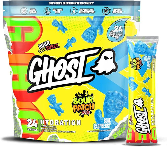 GHOST Hydration Packets, Sour Patch Kids Blue Raspberry, 24 Sticks, Electrolyte Powder - Drink Mix Supplement with Magnesium, Potassium, Calcium, Vitamin C - Vegan, Free of Soy, Sugar & Gluten