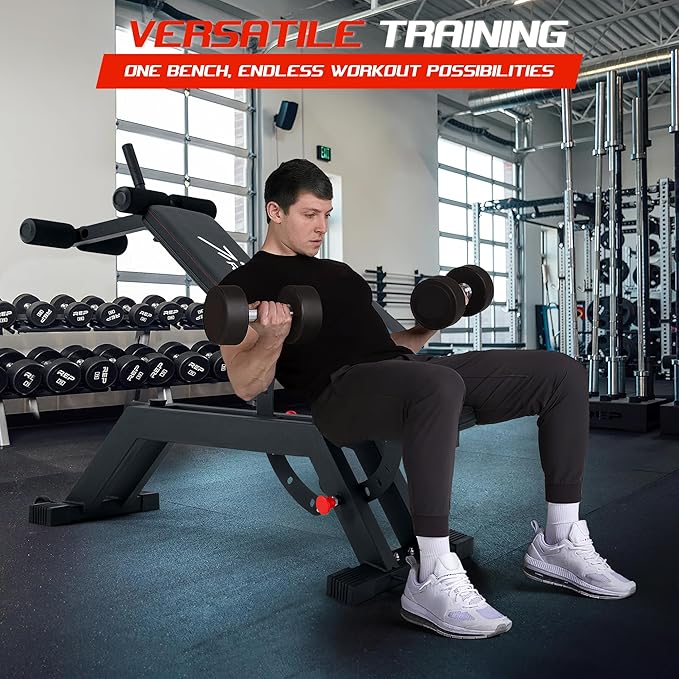 Adjustable Weight Bench for Home Gym, Decline Flat Incline Bench with Leg Extension & Preacher Curl Attachment for Bench Press, Sit Up, Leg Curl & Ab Workout