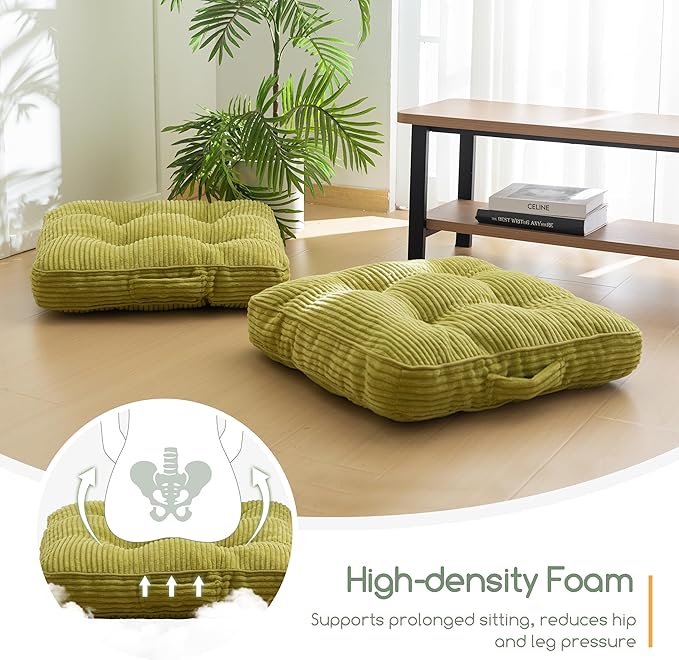 Washable Floor Pillow Cushion for Adults, Meditation Cushion Pillow, Large Square Floor Sitting, Removable Tufted Corduroy Cover, for Tatami Living Room or Yoga, 22x22 Inch, 2Pack, Machine Washable