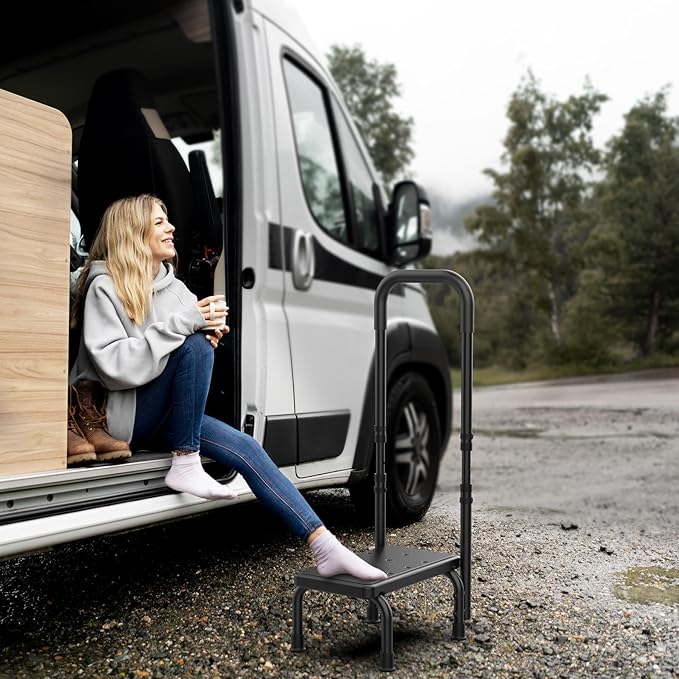 Step Stool with Handle for Elderly, Non Skid Platform & Adjustable Handrail, Medical Stepping Stool for High Bed Mobility & Daily Living Aids, Bedside Car Stair Lift for Senior Adults 400lbs