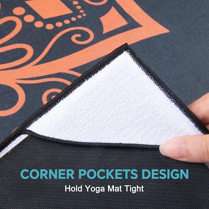 QiyI Yoga Mat Towel with Corner Pockets, Non Slip Sweat Absorbent Hot Yoga Towels, Soft Yoga Blankets with Travel Bag, Skidless Mat Cover for Workout, Gym, Fitness - 70"x26", Luxury Golden Mandala