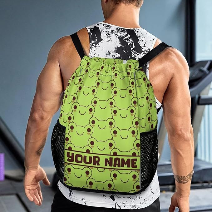 Custom Frog Drawstring Backpack - Cute Cinch Sack, String Backpacks with Pocket for Kids Women Men Boys Girls for Gym Outdoor Sports Travel Athletic Drawstring Bag - Lightweight/Foldable