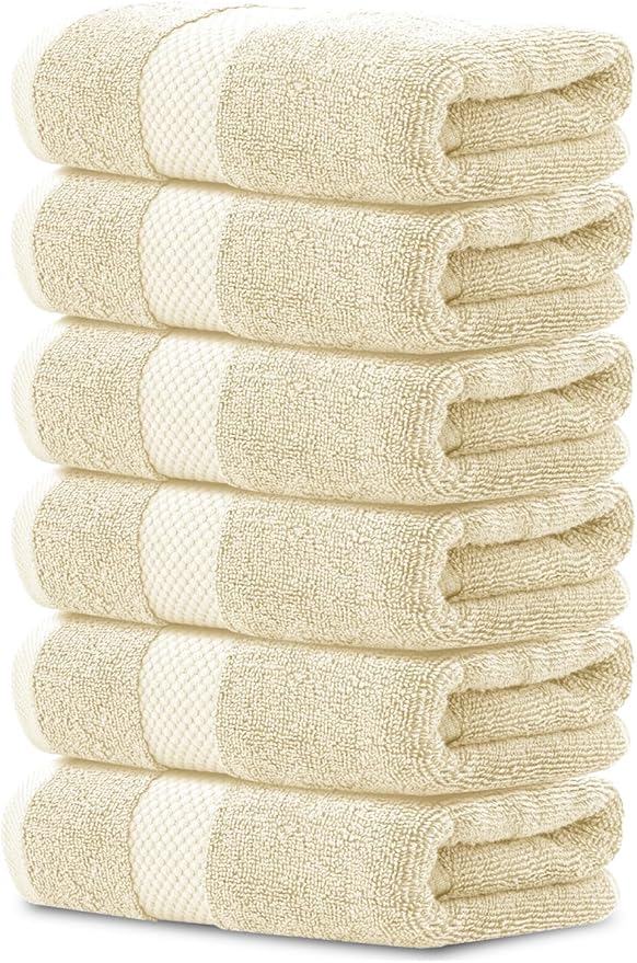 White Classic Luxury Hand Towels | Cotton Hotel spa Bathroom Towel | 16x30 | 6 Pack | Beige