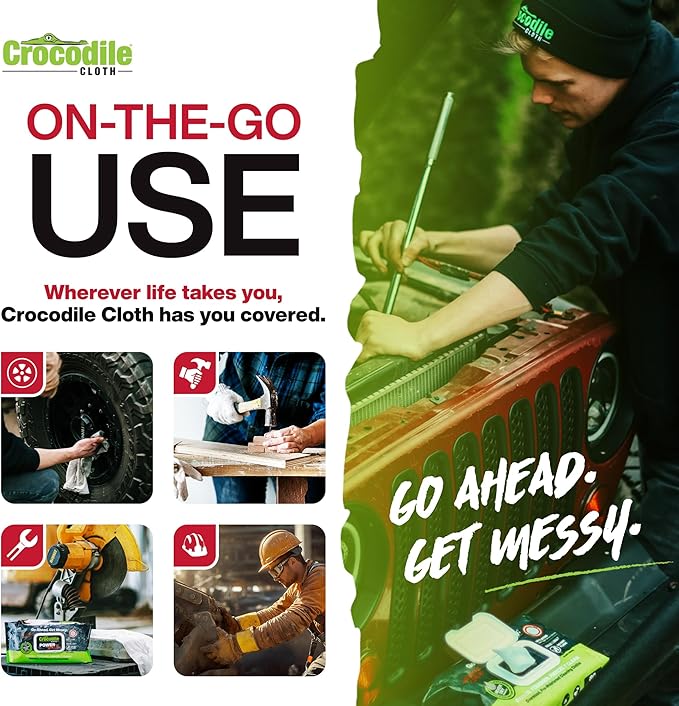 Crocodile Cloth PowerSCRUB Cleaning Wipes – 80 (15" x 10") Dual-Surface Cloths, Heavy-Duty, Moist, Absorbent, & Disposable - Safe on Skin & Multiple Surfaces