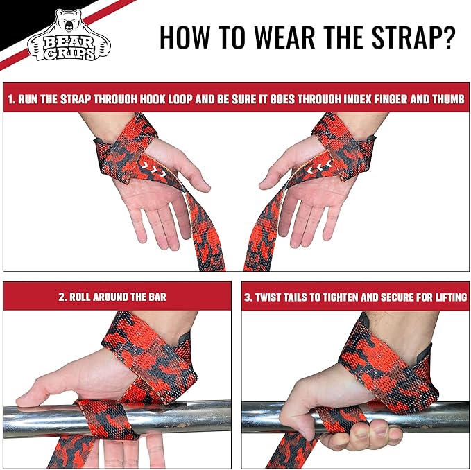 Bear Grips Lifting Straps - Gym & Weightlifting Straps for Men & Women, Deadlift Support, 2 Pairs