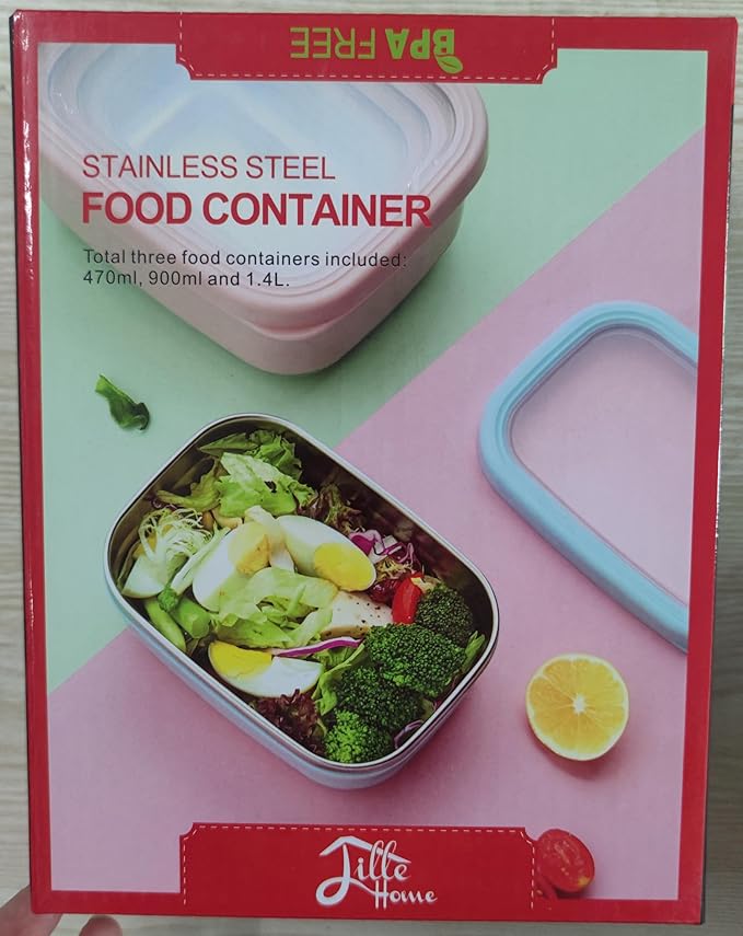 Lille Home Leak Proof Salad Container Stainless for Lunch - Snack Containers Steel - Ideal for Educational Settings & Daycare - Nesting Trio with Silicone Lids - 47oz+30oz+16oz - Blue