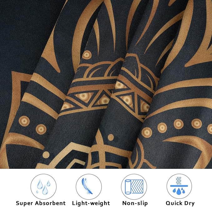 Colorful Star Large Yoga Towel with Corner Pockets, Non Slip Grip Dots Sweat Absorbent Hot Yoga Mat Towels, Yoga Blankets with Travel Bag, Mat Cover for Workout, Gym, Fitness - 74"x26", Gold Mandala