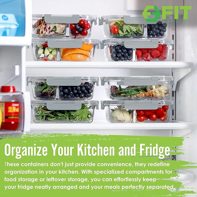 FIT Strong & Healthy 2 and 3 Compartment Glass Meal Prep Containers – Glass Bento Box for Adults, Portion Control, Food Storage, Lunch Container, Oven & Freezer Safe, Leak-Proof, 32 oz, Gray, 4 Pack