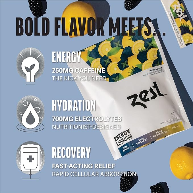 Zest Electrolyte Hydration Powder - Mix w/Water - 14 Packets - Low Sugar Liquid Enhancer (1 Pack (14 Powder Sticks), BlackBerry Lemonade (Energy & Hydration))