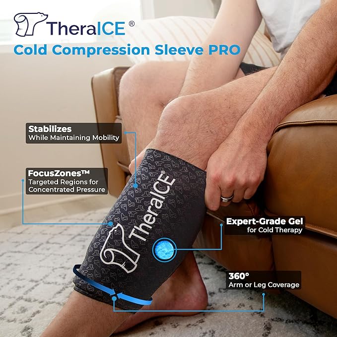 TheraICE Knee Ice Pack Wrap PRO Compression Sleeve, Reusable Gel Cold Packs Brace Also for Elbow, Ankle & Calf - Flexible Cold Wrap Recovery, FocusZone Technology for Extra Cooling & Pressure